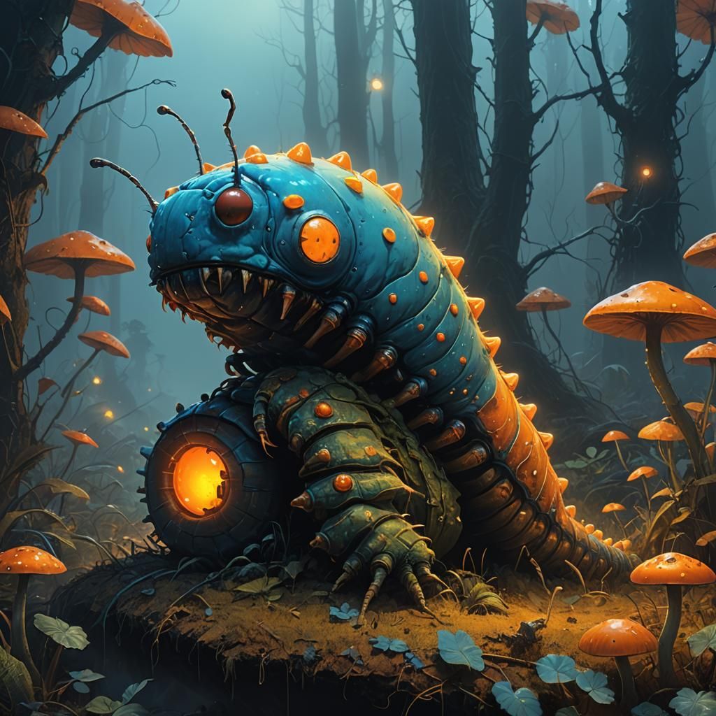 Fantasy Caterpillar Monster on Glowing Mushroom