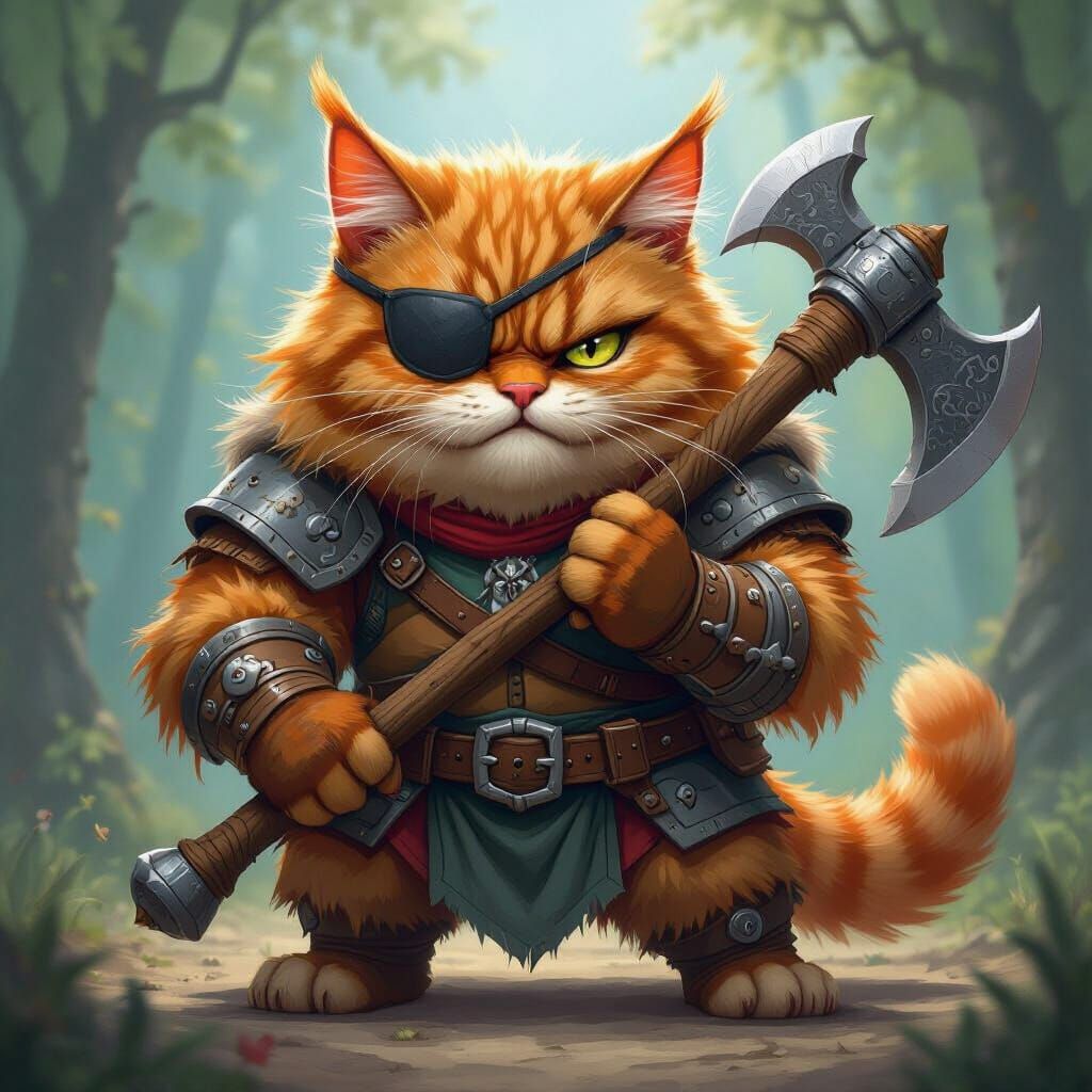 Fluffy Cat Warrior with Battleaxe in Fantasy Art Style