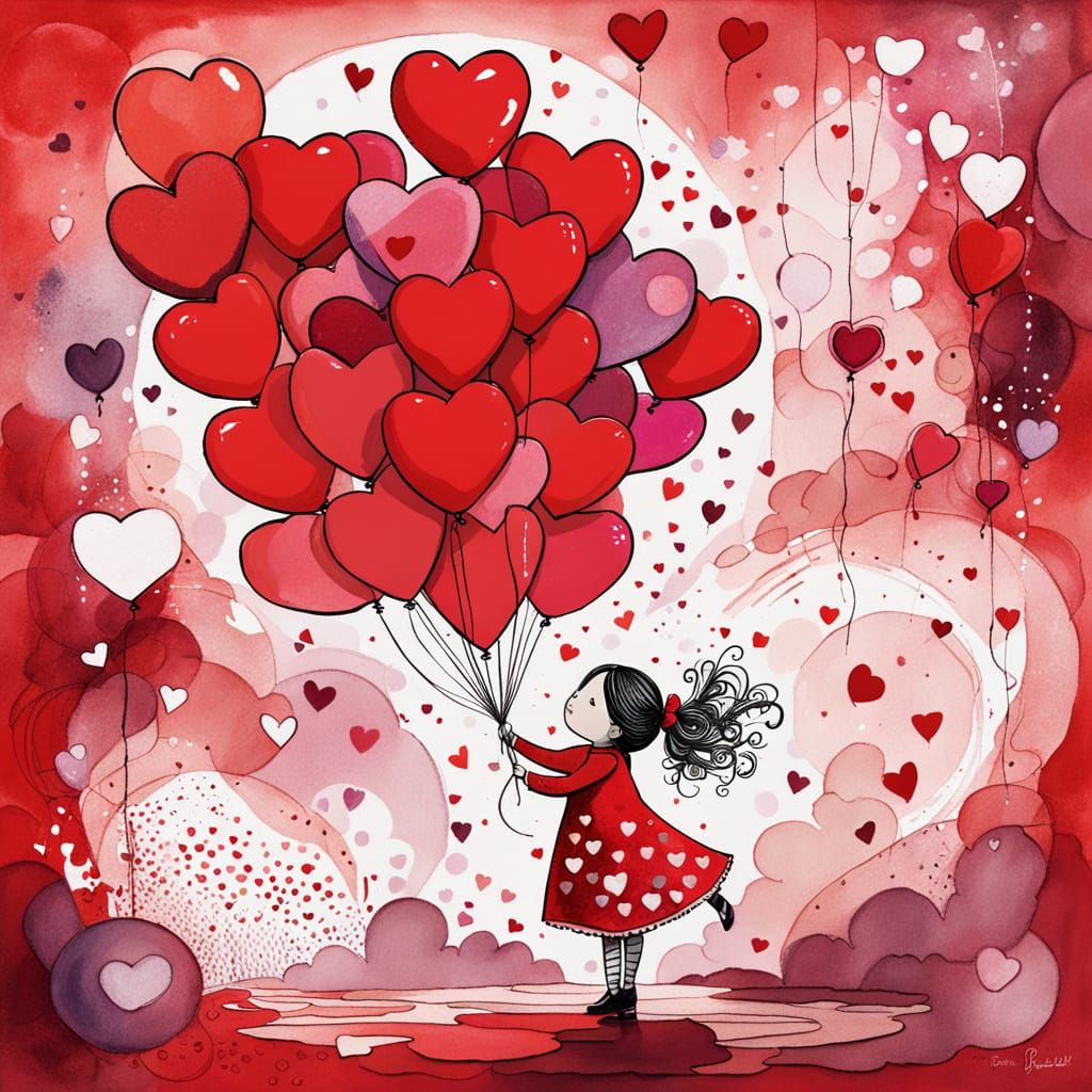 Girl with Heart Balloons in Red and Magenta Palette