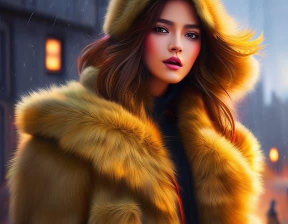 A very beautiful young lady in the most snug looking fake fur coat.