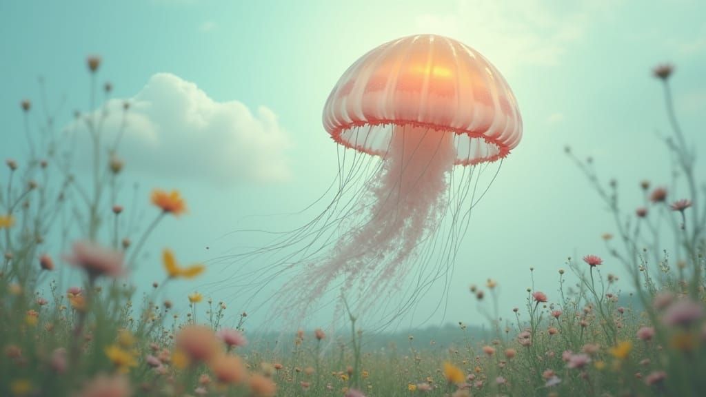 Ethereal Jellyfish Floats Above Wildflower Meadow