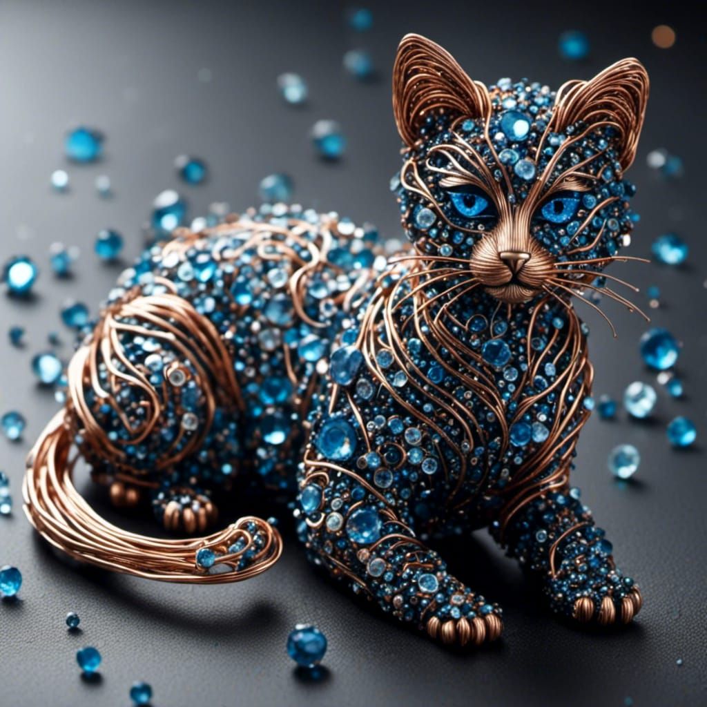 Metal Cat Sculpture with Copper Wire Fur and Crystal Eyes