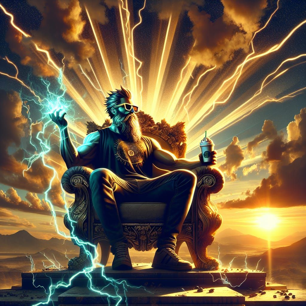 Zeus in Hipster Outfit Relishing Frappuccino at Dawn