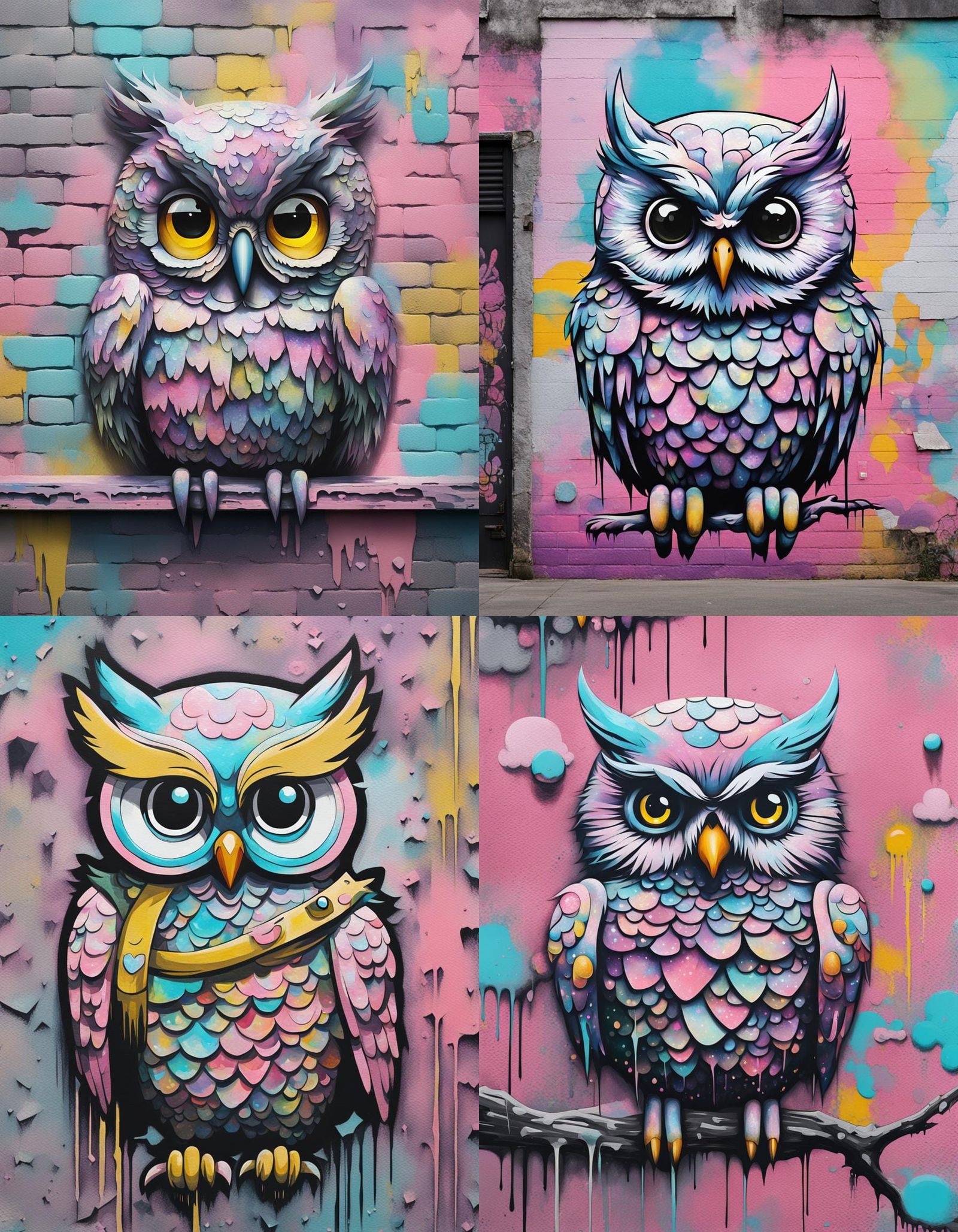 Pastel Goth Sanrio Owl Mural on Urban Wall