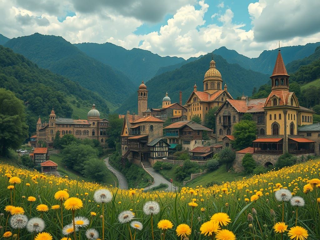Fantastical South American Town Amidst Dandelions