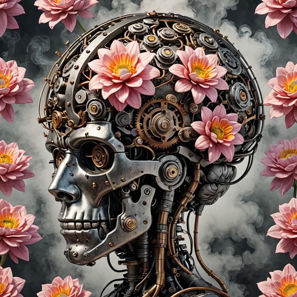 Steam-Powered Brain with Flowers in Photorealistic Style
