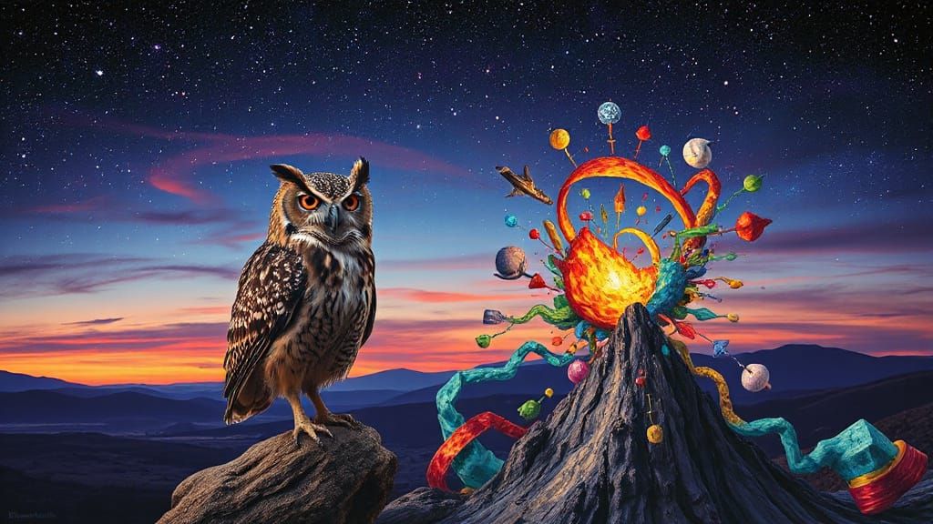 Surreal Owl Battles Emotional Chaos in Twilight Landscape