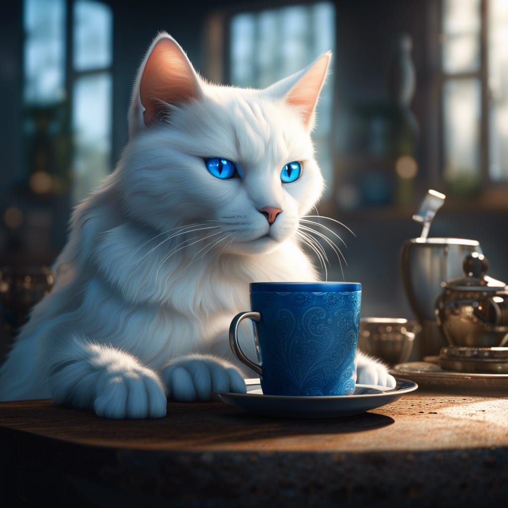 White Cat Enjoys Morning Coffee: Detailed Matte Painting