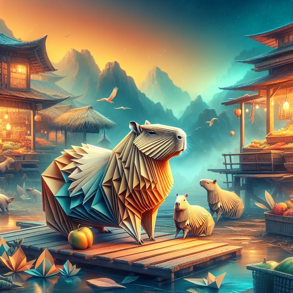 Origami Capybara on Mart: Fantasy Matte Painting