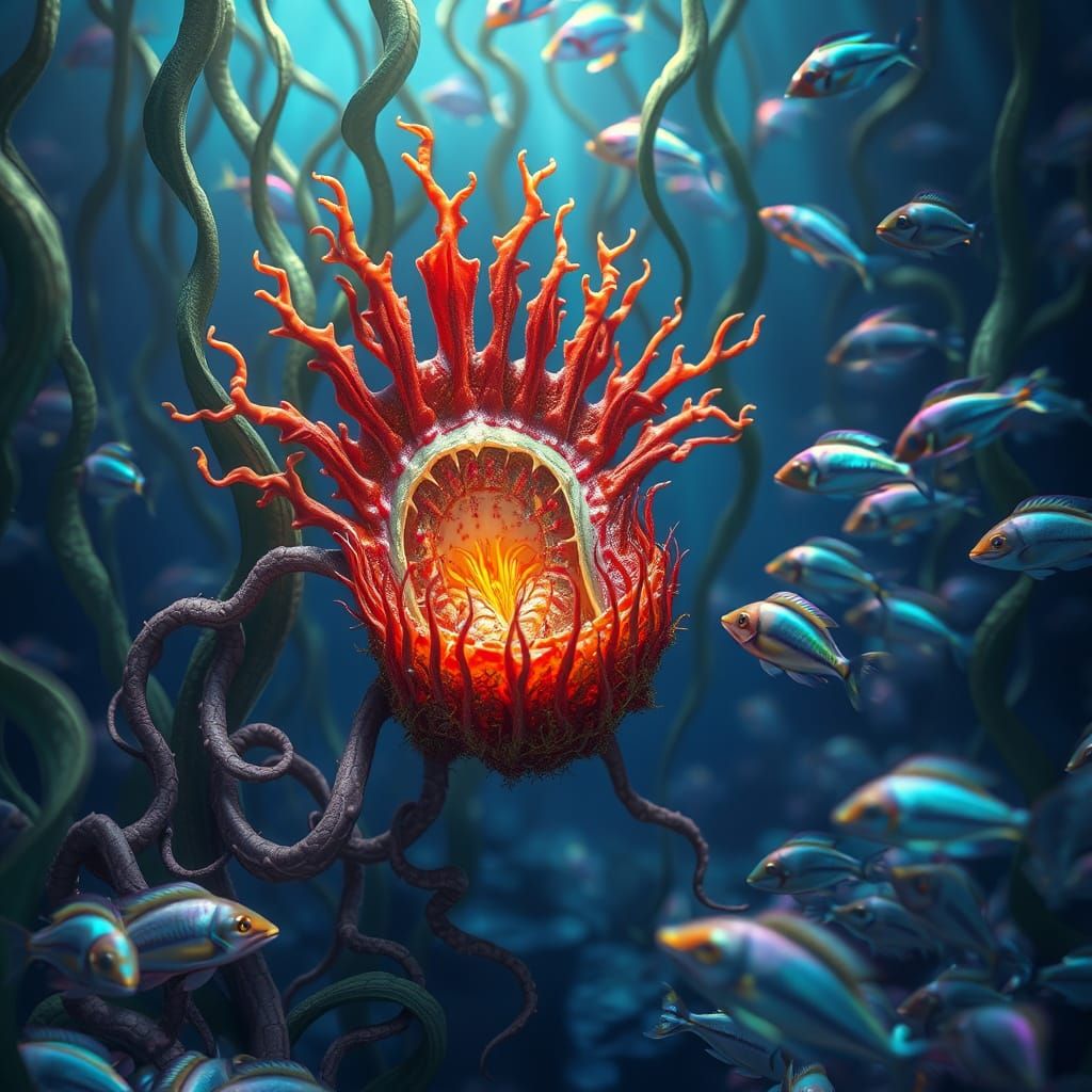 Glowing Seaweed Venus Flytrap in Vibrant Underwater Scene