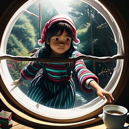 Child Enters Whimsical Chocolate River Landscape in a Realis...