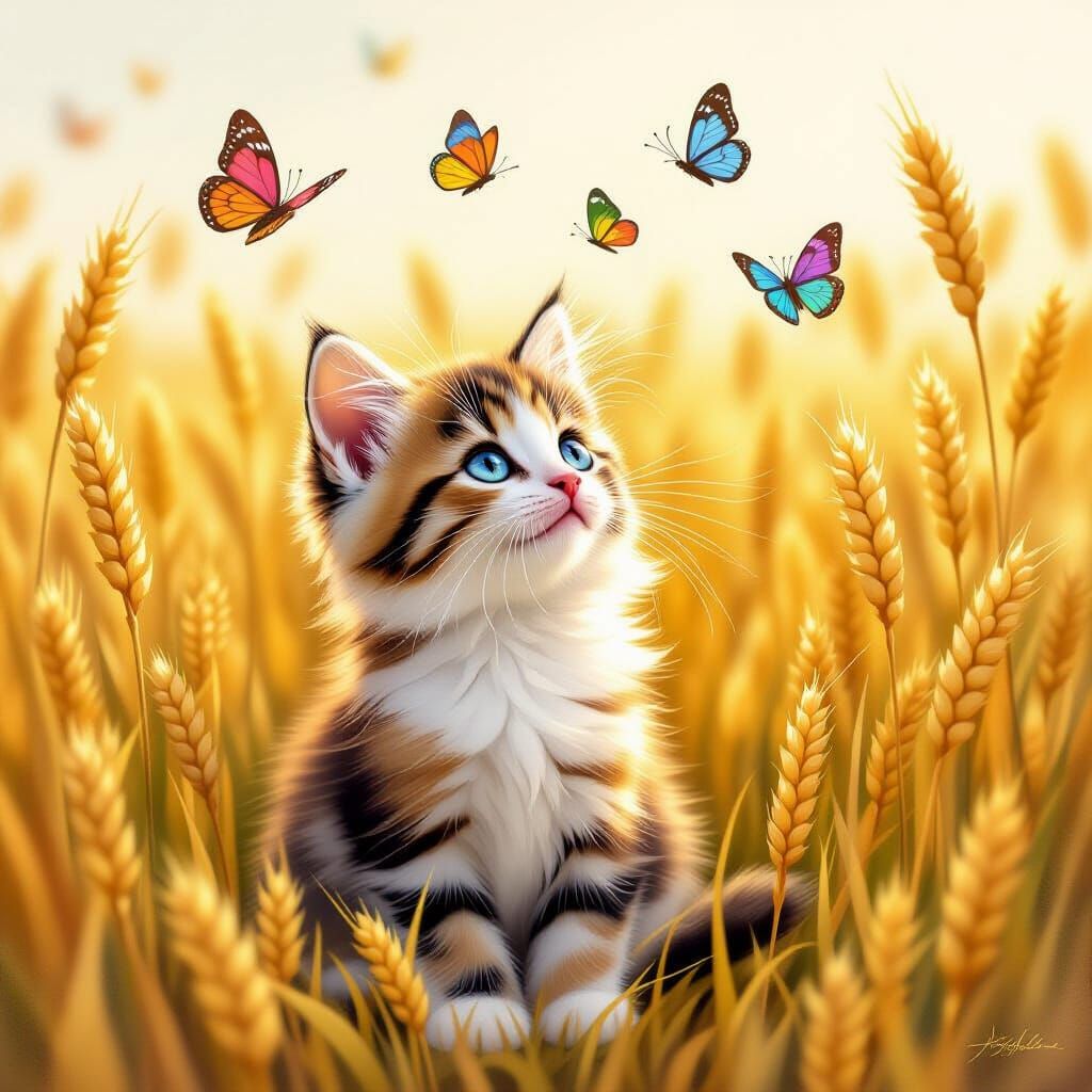 Fluffy Calico Kitten Amongst Butterflies in Wheat Field
