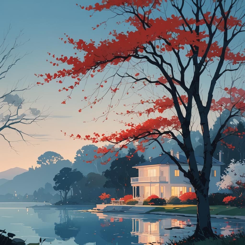 Hazy Summer Villa by Lake in Dreamlike Style