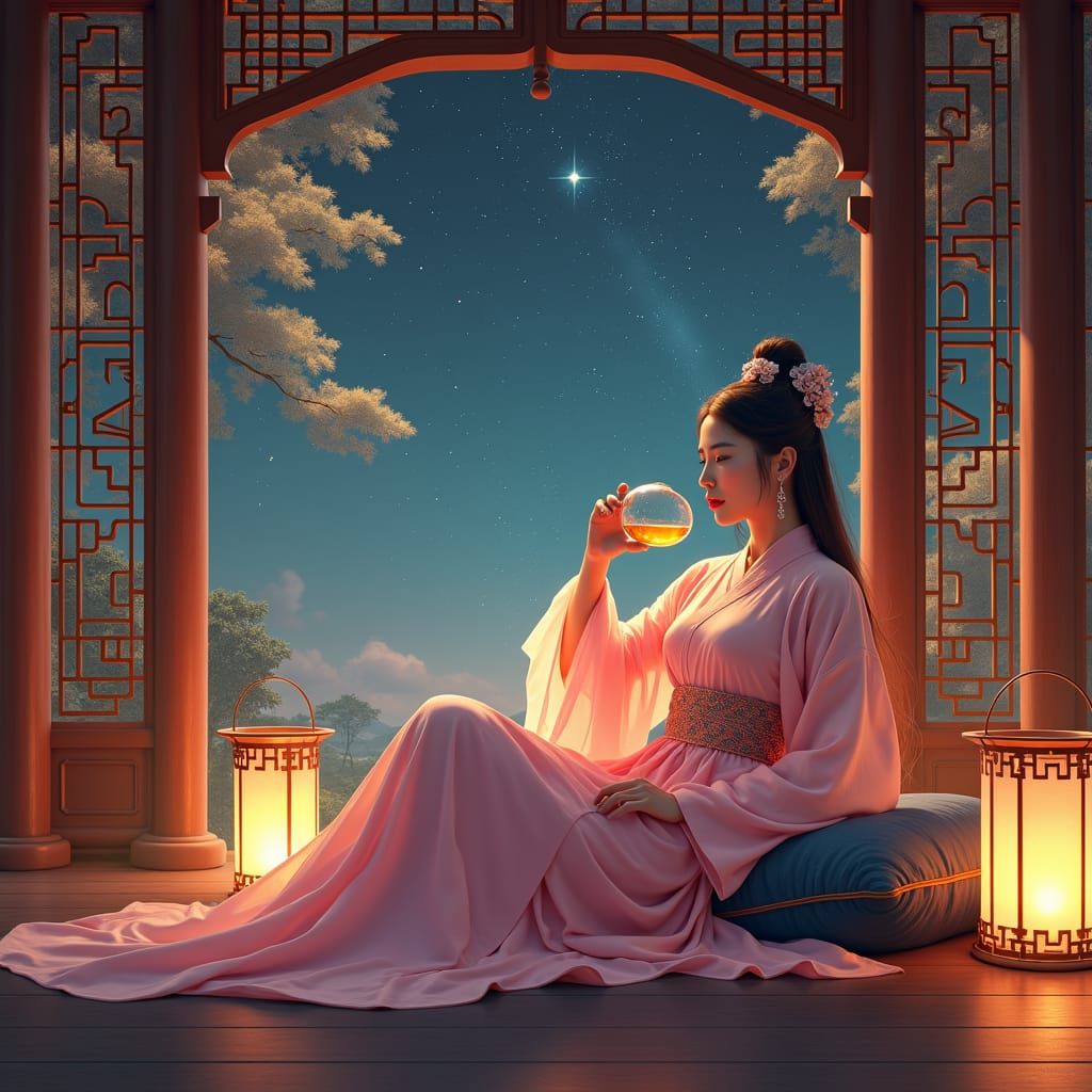 Ancient Chinese Lady Sipping Wine Under Stars
