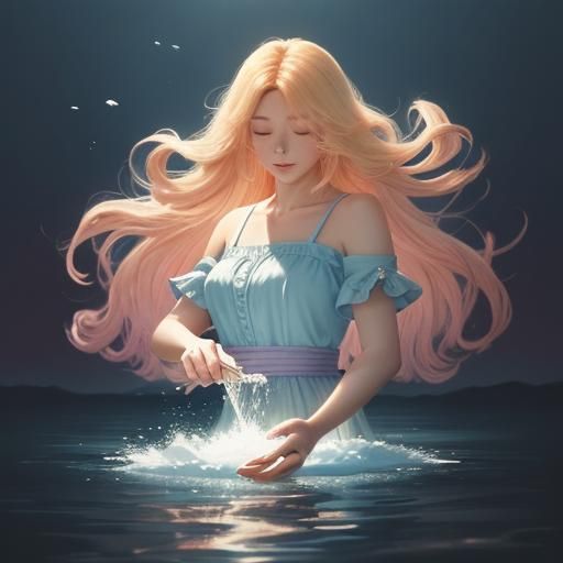 Anime Queen Pouring Water by River in Pastel Tones