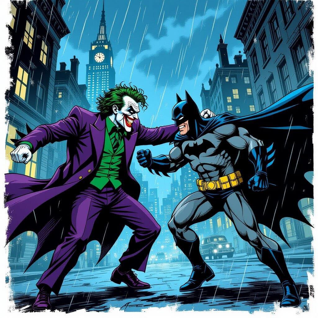 Batman and Joker Clash in Gotham Stormy Night Comic Style