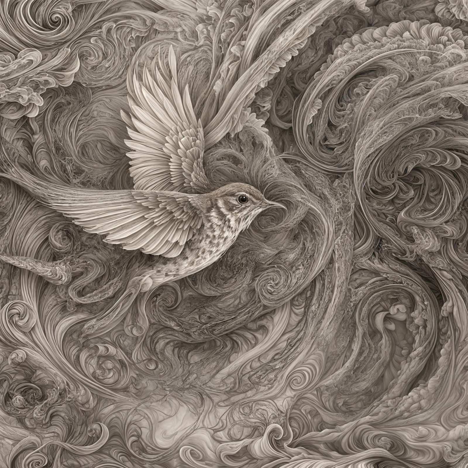 Hermit Thrush in Flight: Ethereal Charcoal Drawing