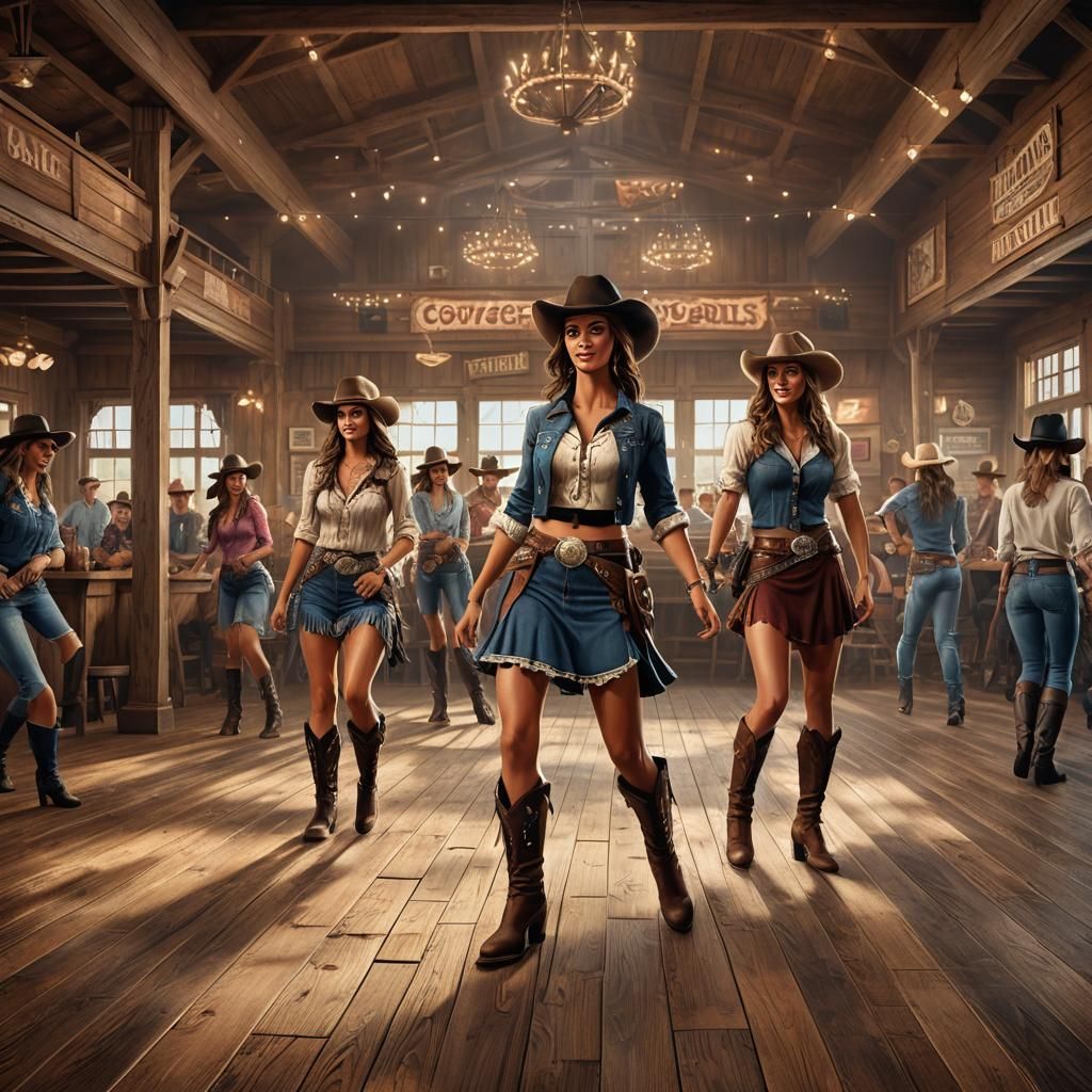 Country Cowgirls Line Dancing in Western Dance Hall