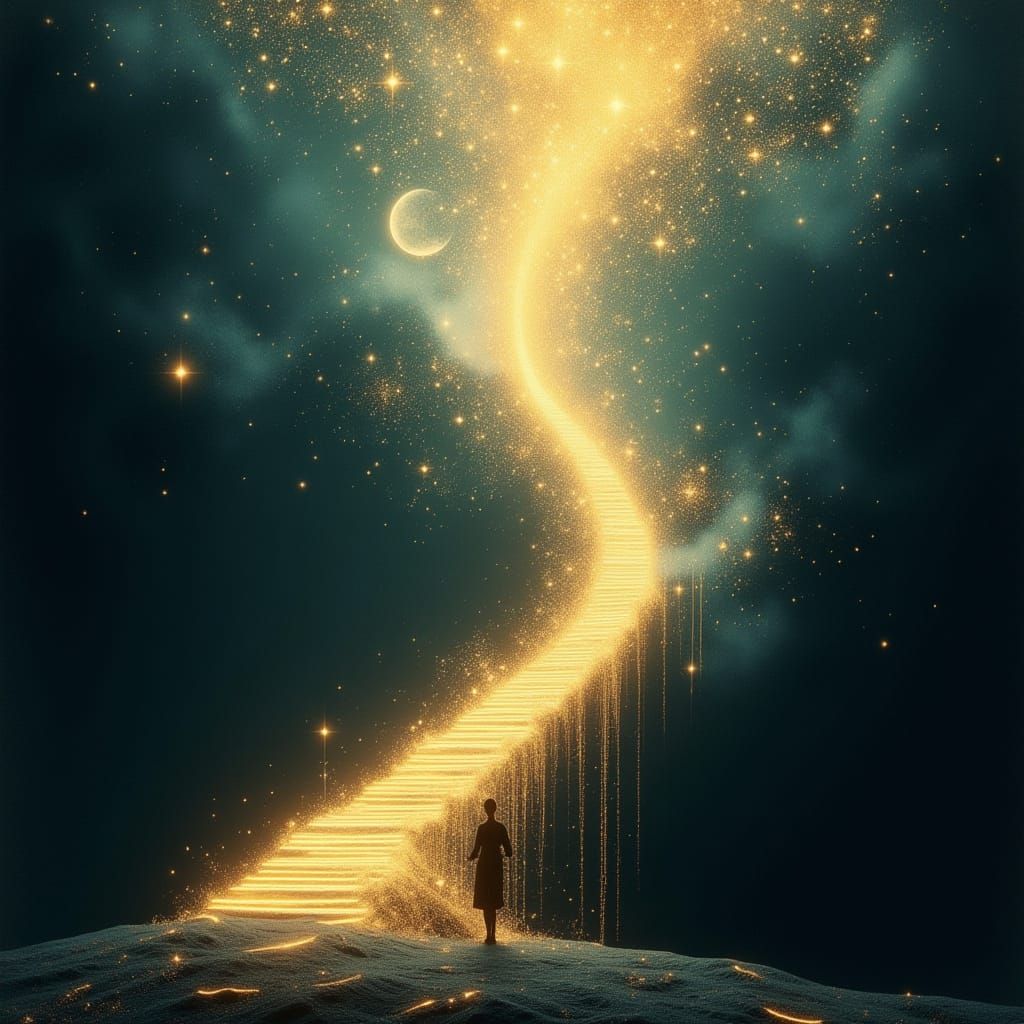 Golden Stairway to Starry Sky with Solitary Figure