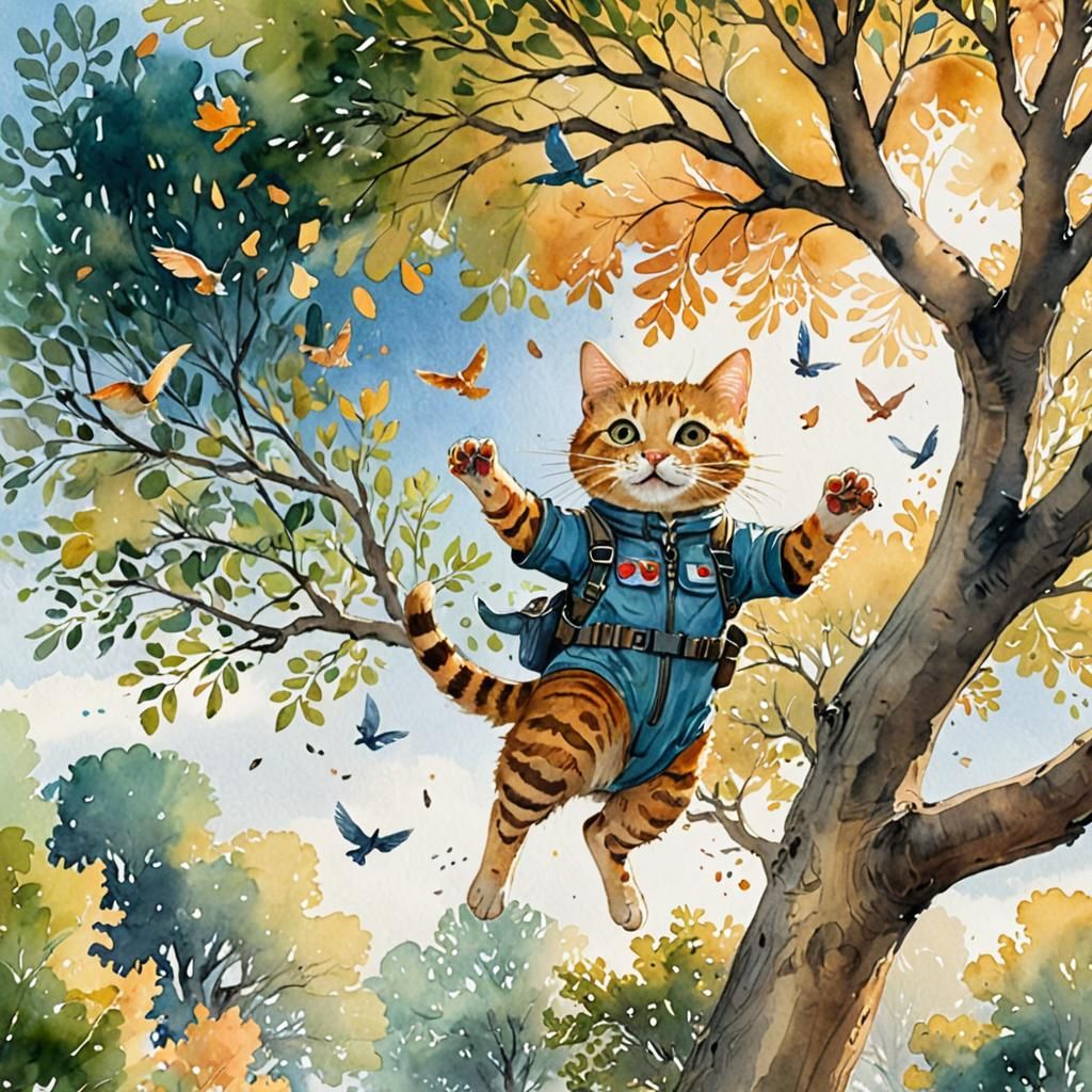 Whimsical Watercolor Cat Skydiving to Birdfeeder