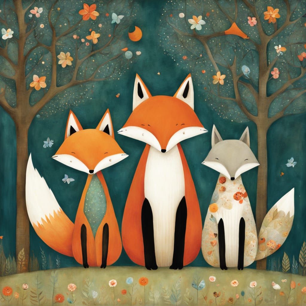 Whimsical Fox Family Folk Art Illustration
