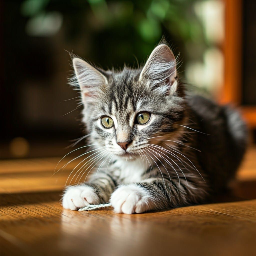 Adorable Kitten Plays with Yarn in Cozy Living Room