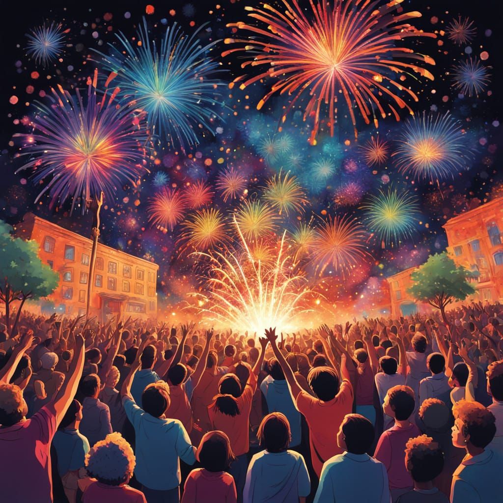 Vibrant Fireworks Celebration in Cosmic Holographic Style