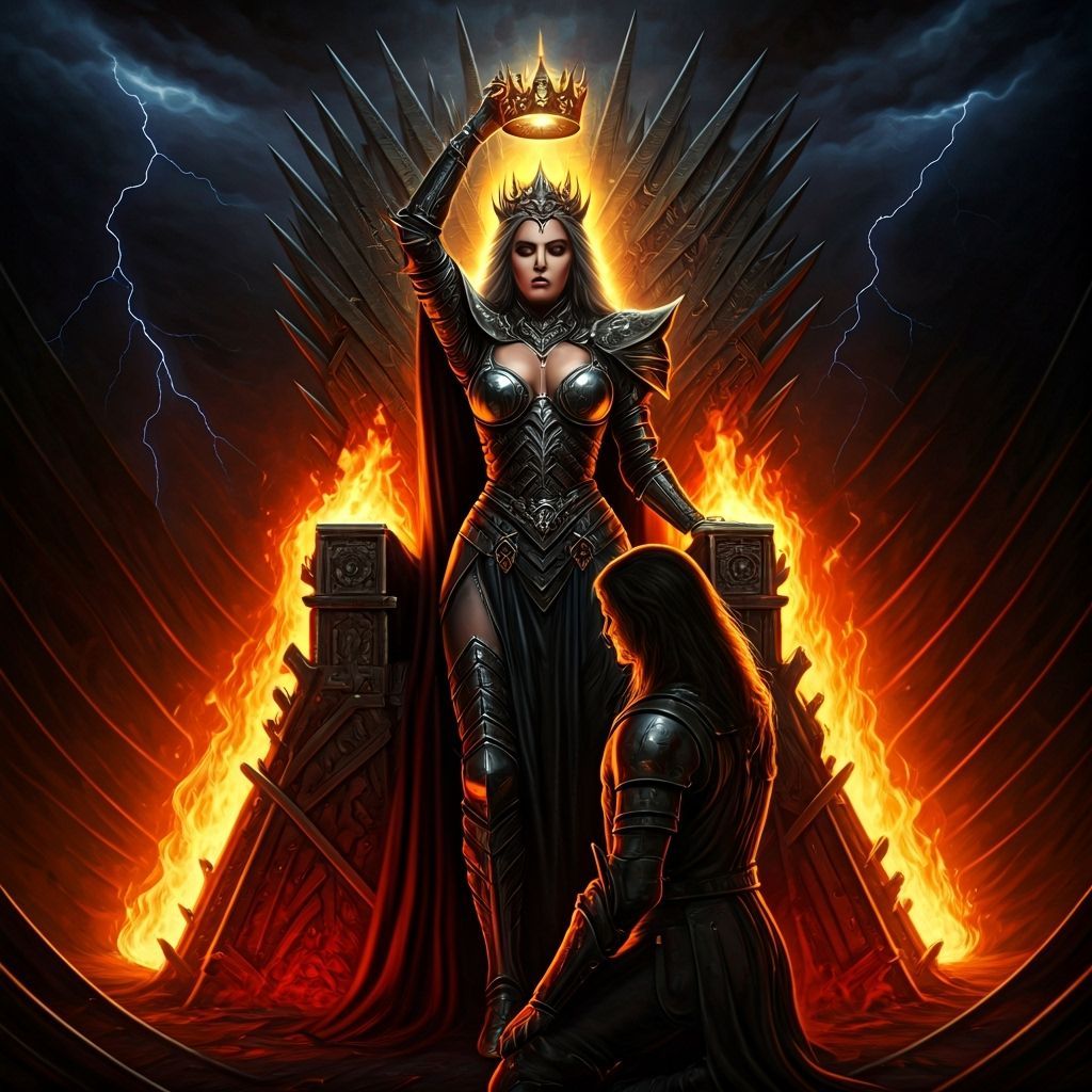 Epic Fantasy Queen on Throne of Fire and Steel