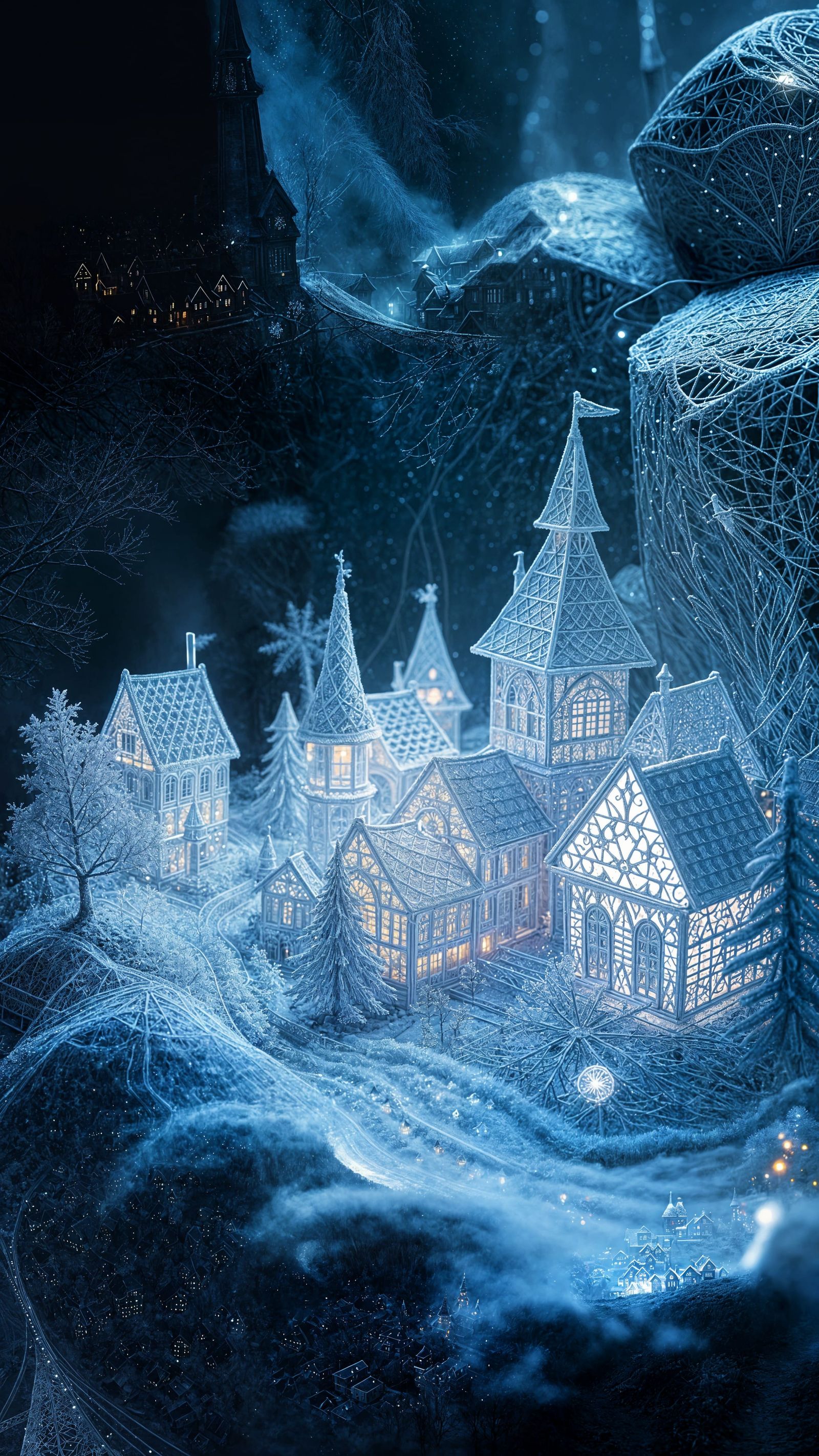 Enchanted Frosty Village in Cyberpunk Neon