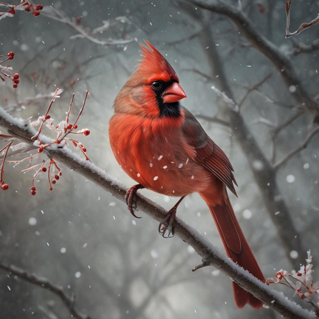 Cardinal in Winter Snowstorm: Wildlife Illustration
