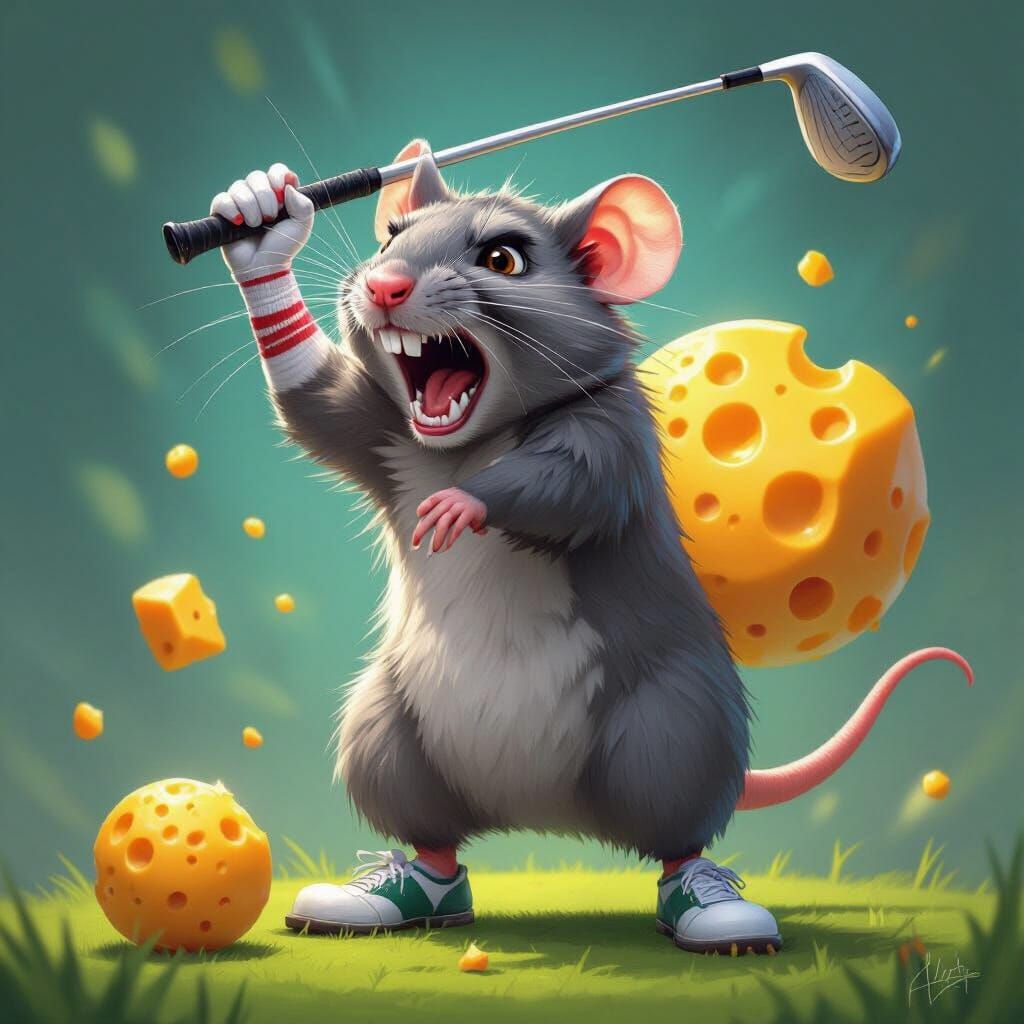 Angry Rat Attacking Cheese Ball with Golf Club