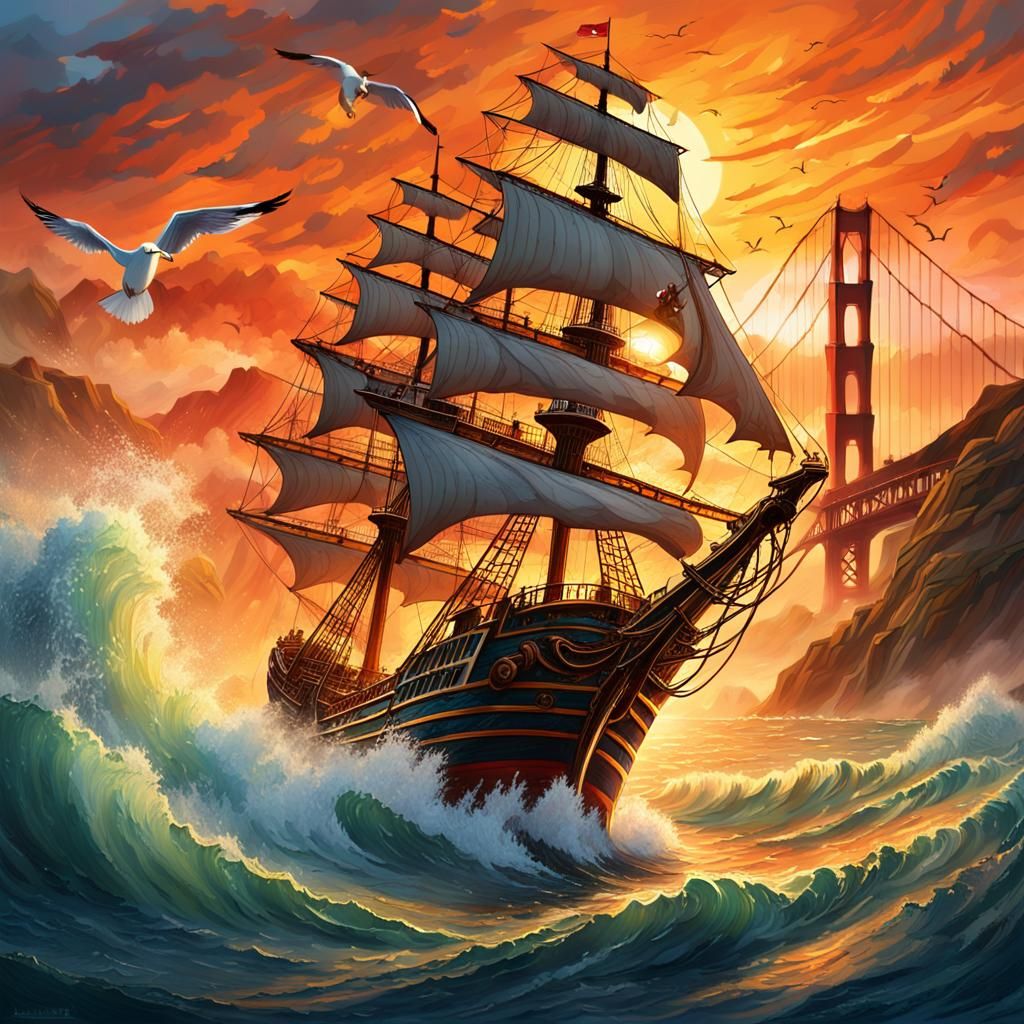 Pirate Ship at Golden Gate: Oil Painting