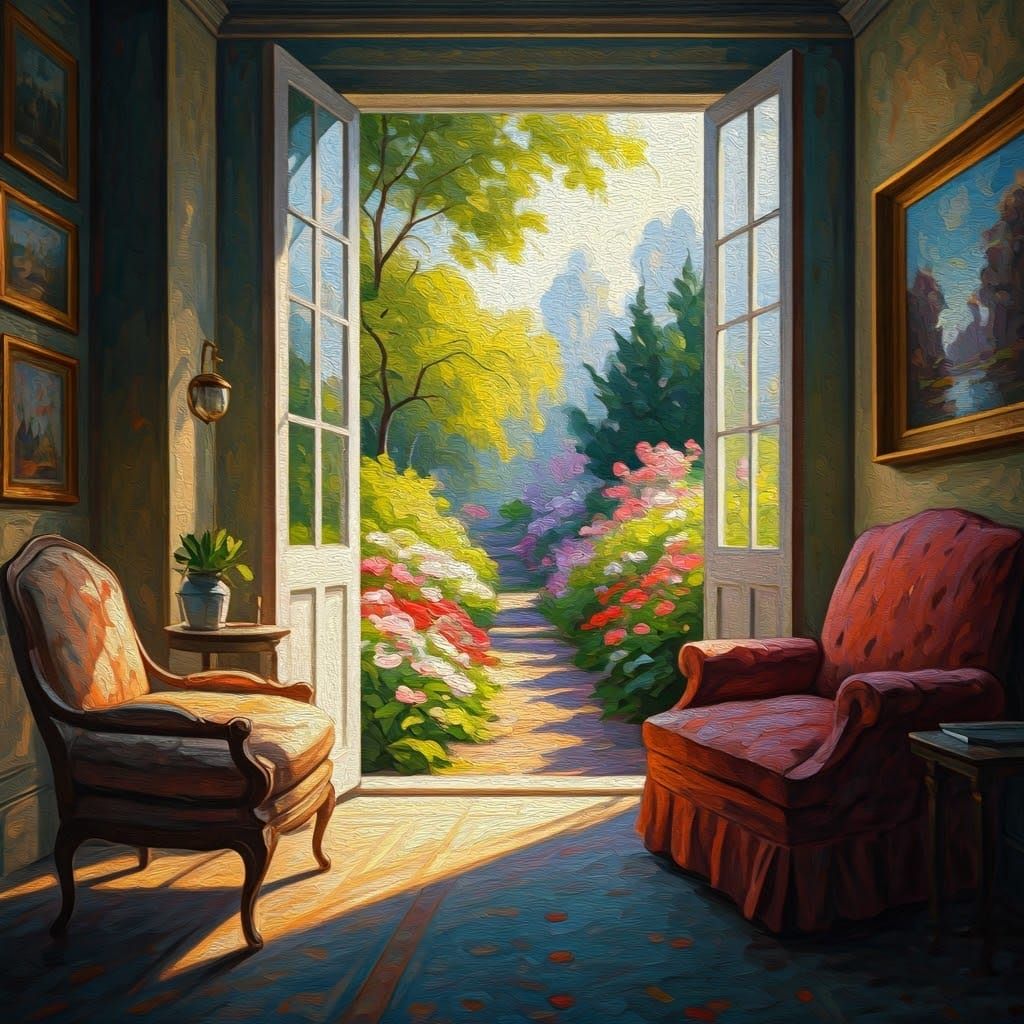 Sunlight shafting into a dark room from a Spring garden outside