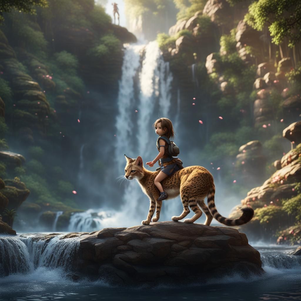Girl Rides Serval Through Waterfall: Fantasy Art