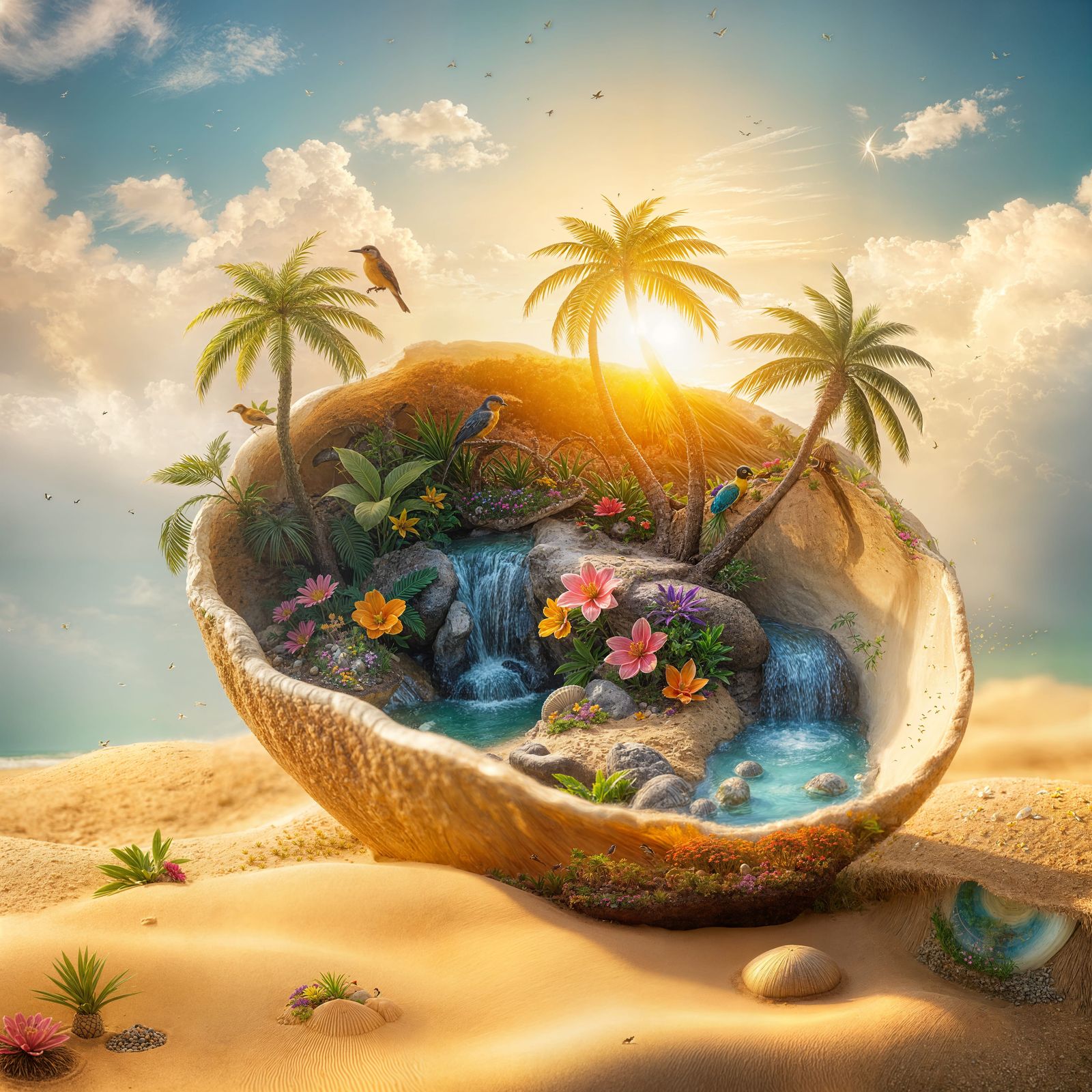Miniature Ecosystem Flourishing Inside Seashell