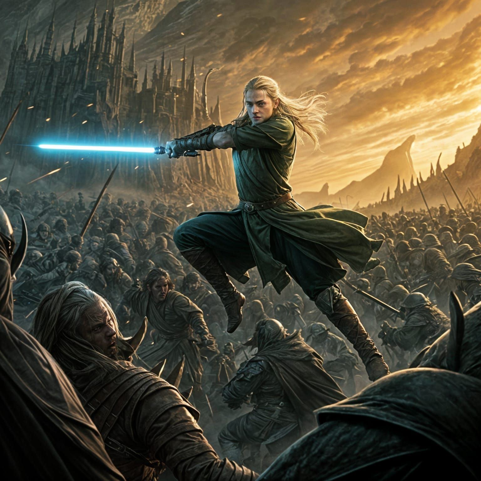 Legolas Battles Orcs with Lightsaber as Jedi