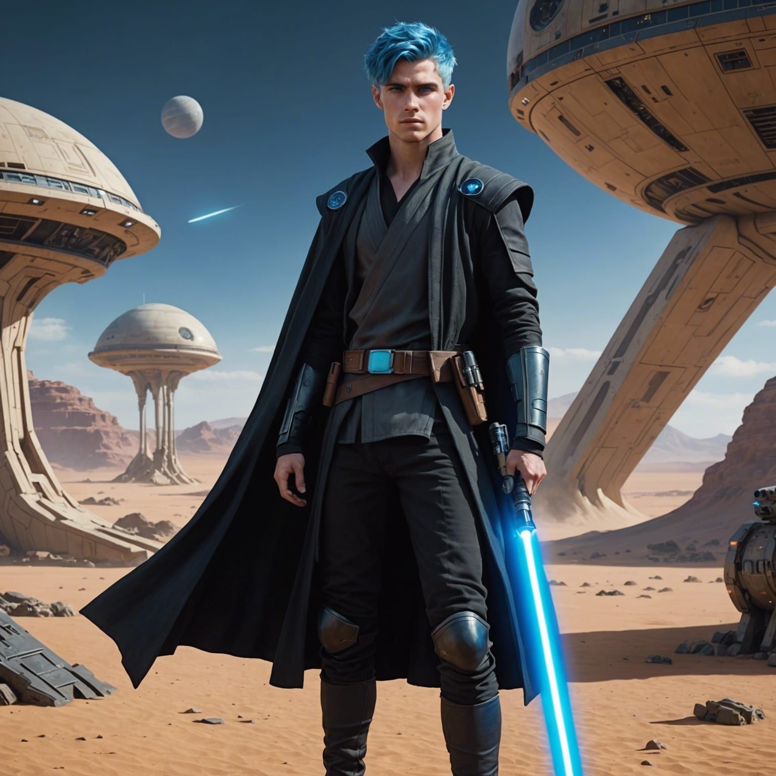 Handsome Jedi with Blue Hair on Sci-Fi Planet