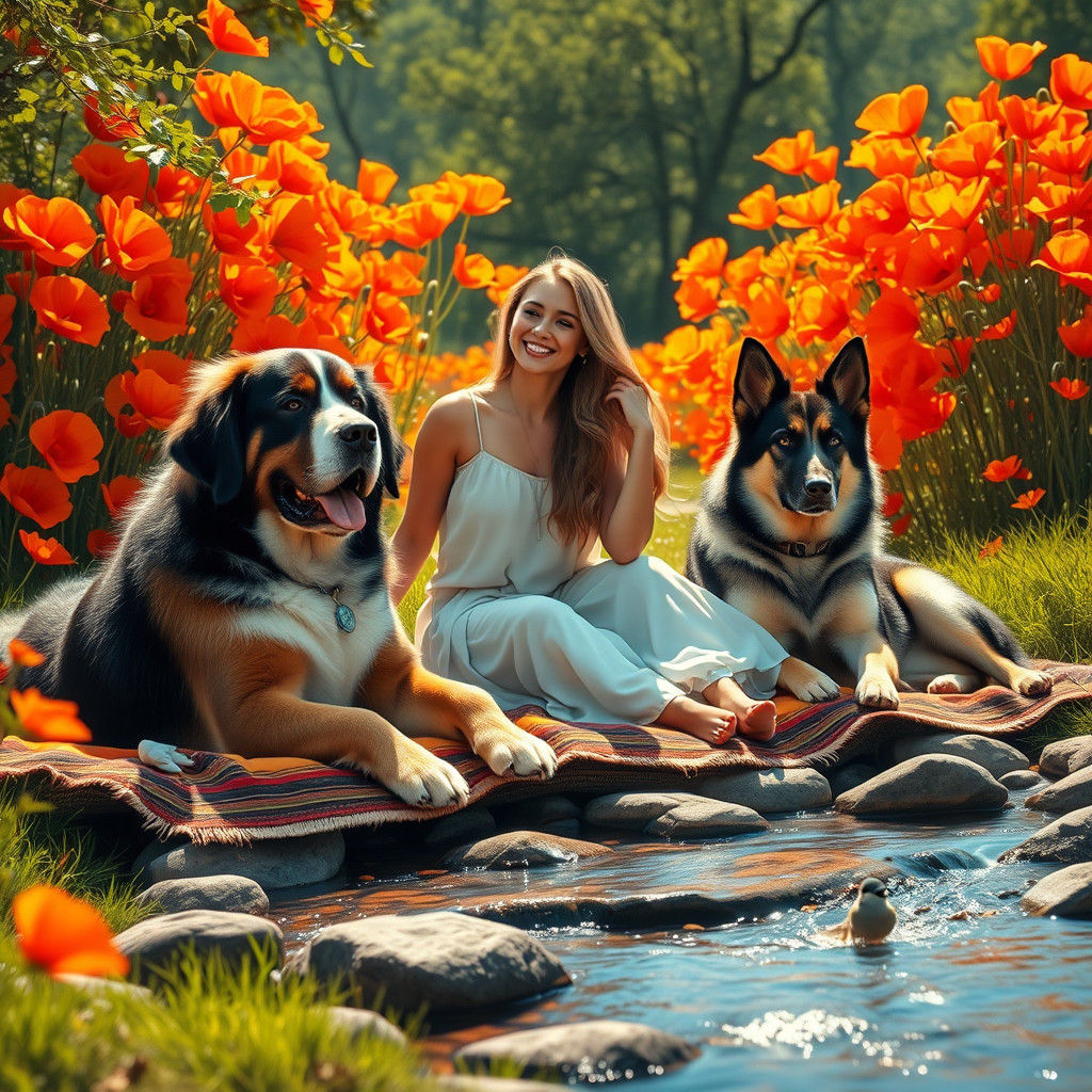 Breathtaking Woman in Lush Orange Poppies Park Scene