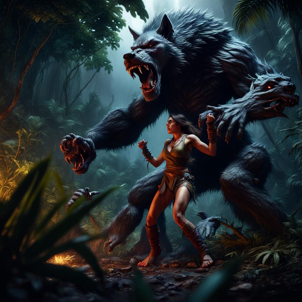 Amazonian Woman Battles Werewolf in Jungle Night