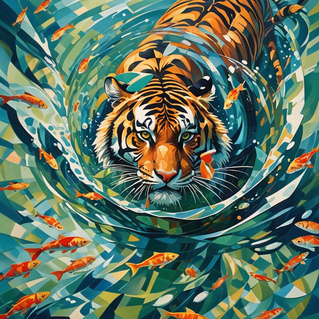 Cubist Tiger Dive: Abstract Geometric Artwork