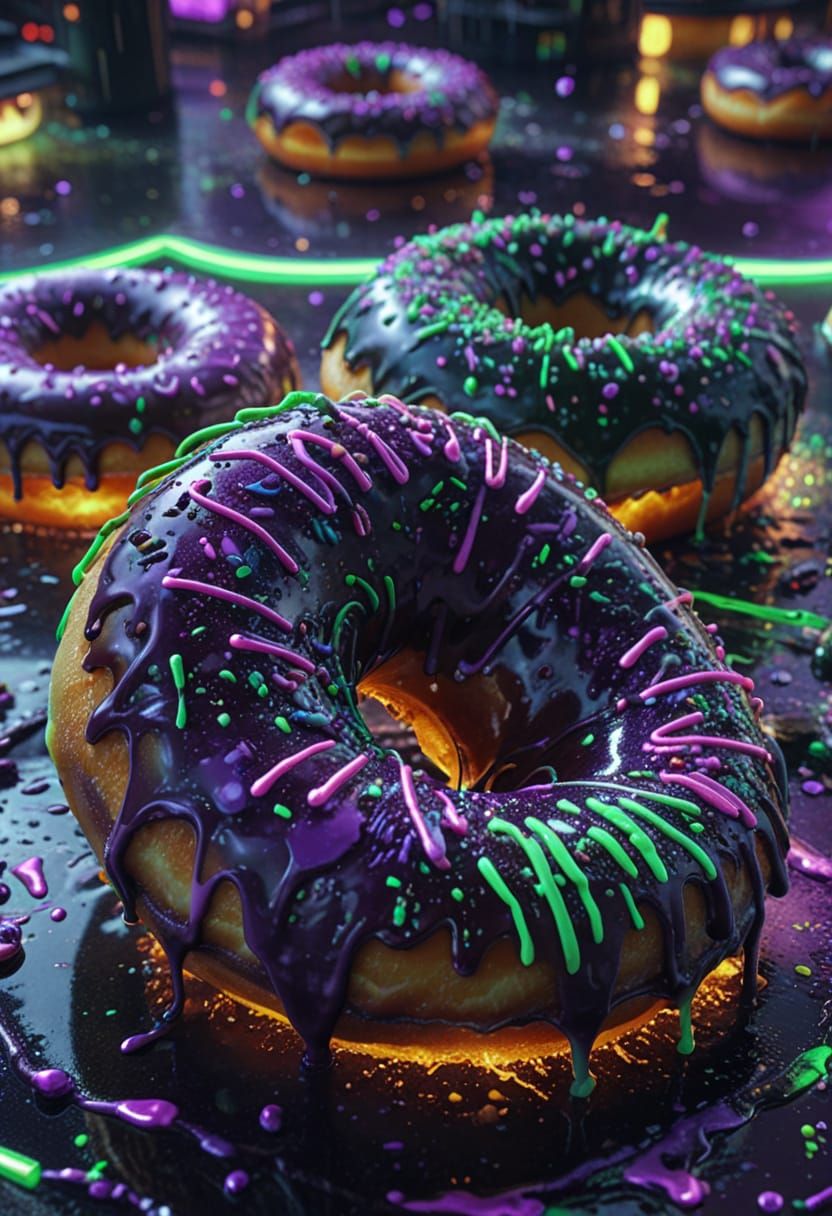 AI Donuts in Surreal Dystopian Cityscape