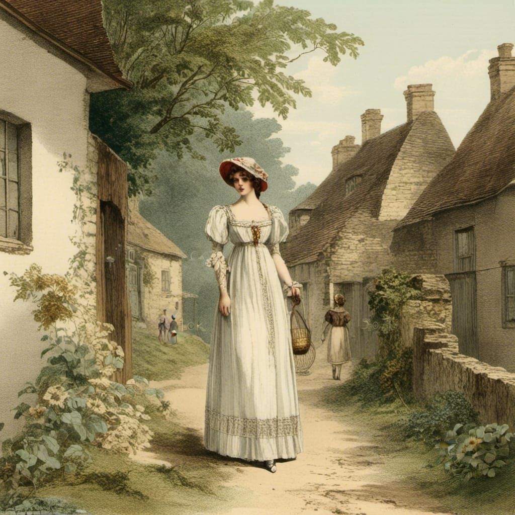 Woman in Regency Dress in Country Village