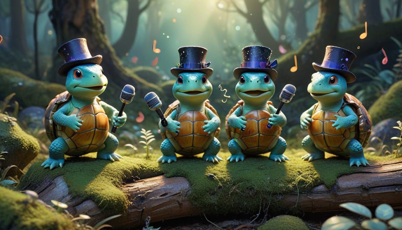 Singing Turtles in Watercolor with Ethereal Glow