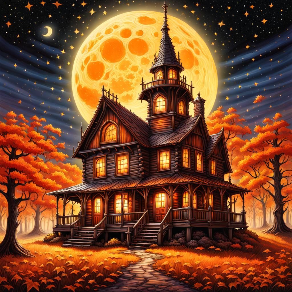 Gothic Autumn Cabin Under Harvest Moon