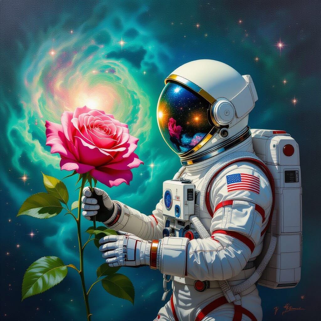 Astronaut Tends Cosmic Rose in Surreal Space Oil Painting
