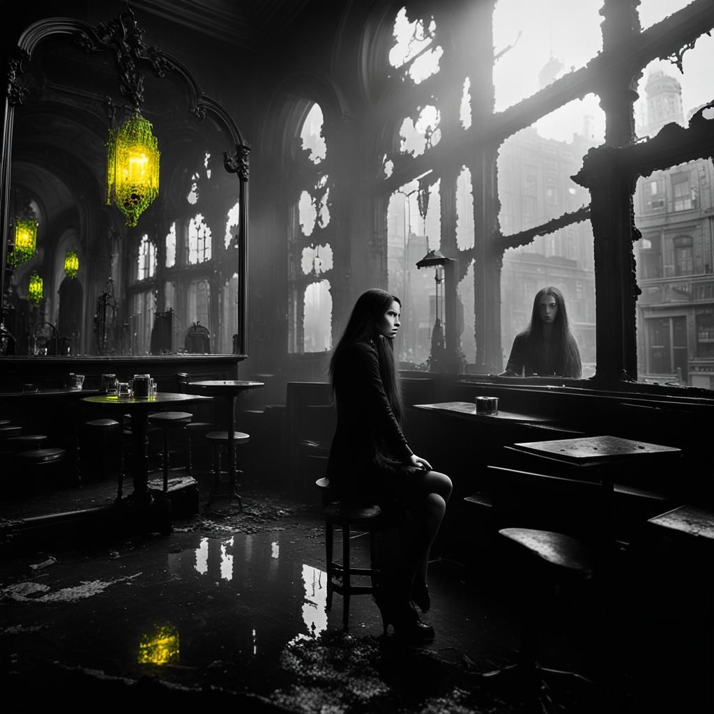 Goth Model in Coffee Shop with Baroque Mirrors