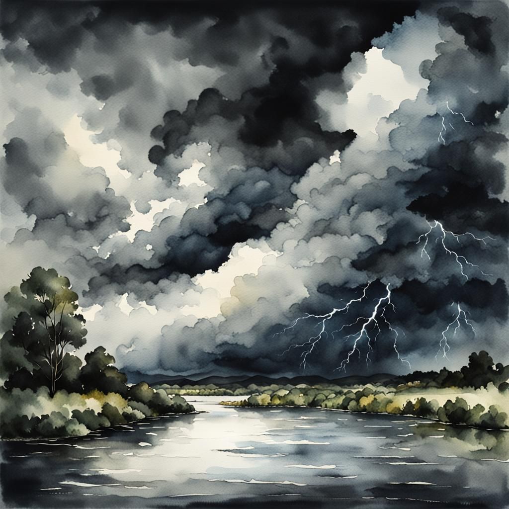 Dramatic Thunderstorm Landscape in Watercolor Style