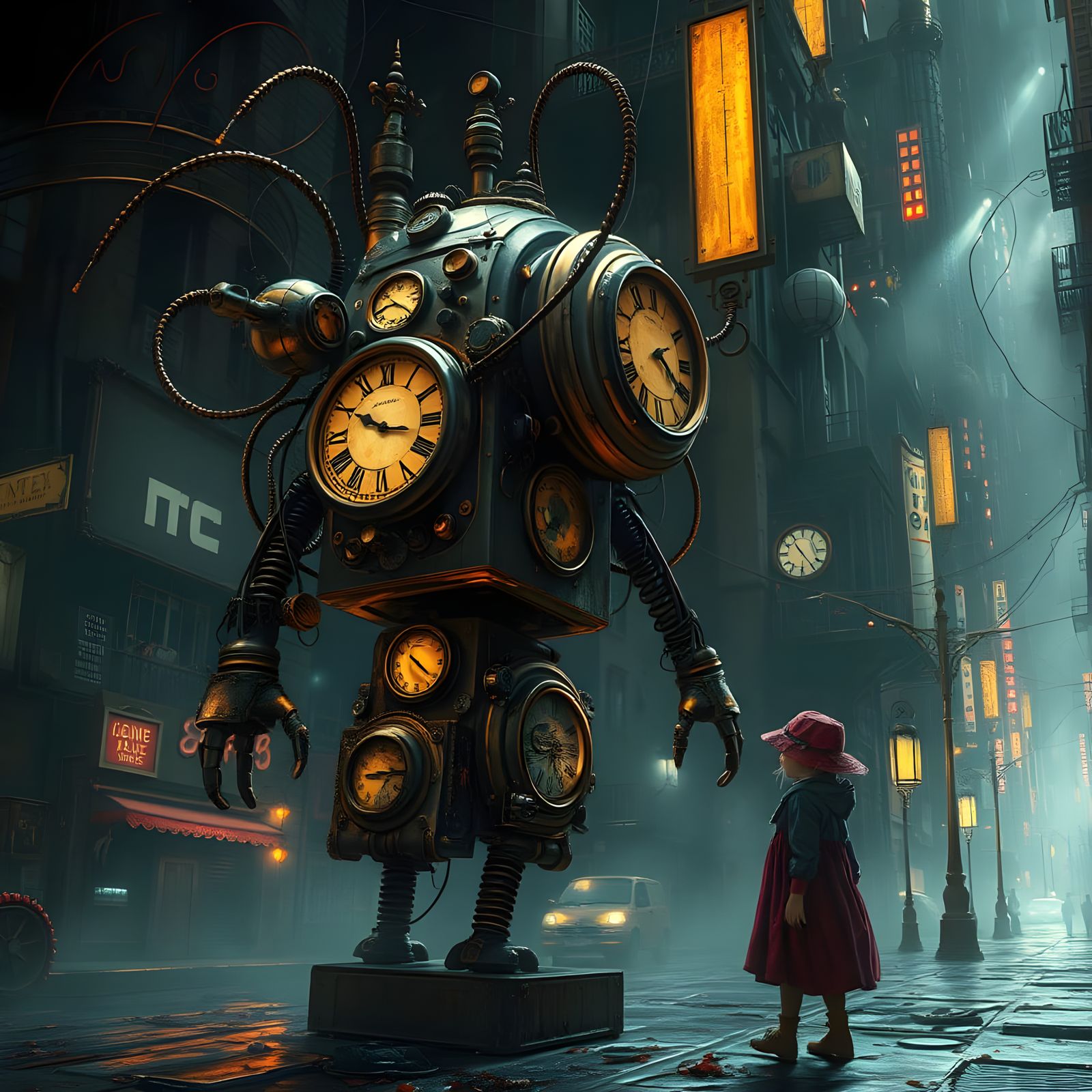 Steampunk Android Guides Girl in Surreal City
