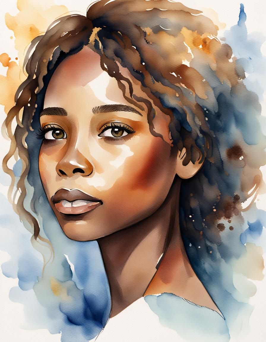 Watercolor Portrait of Black Woman Looking Up
