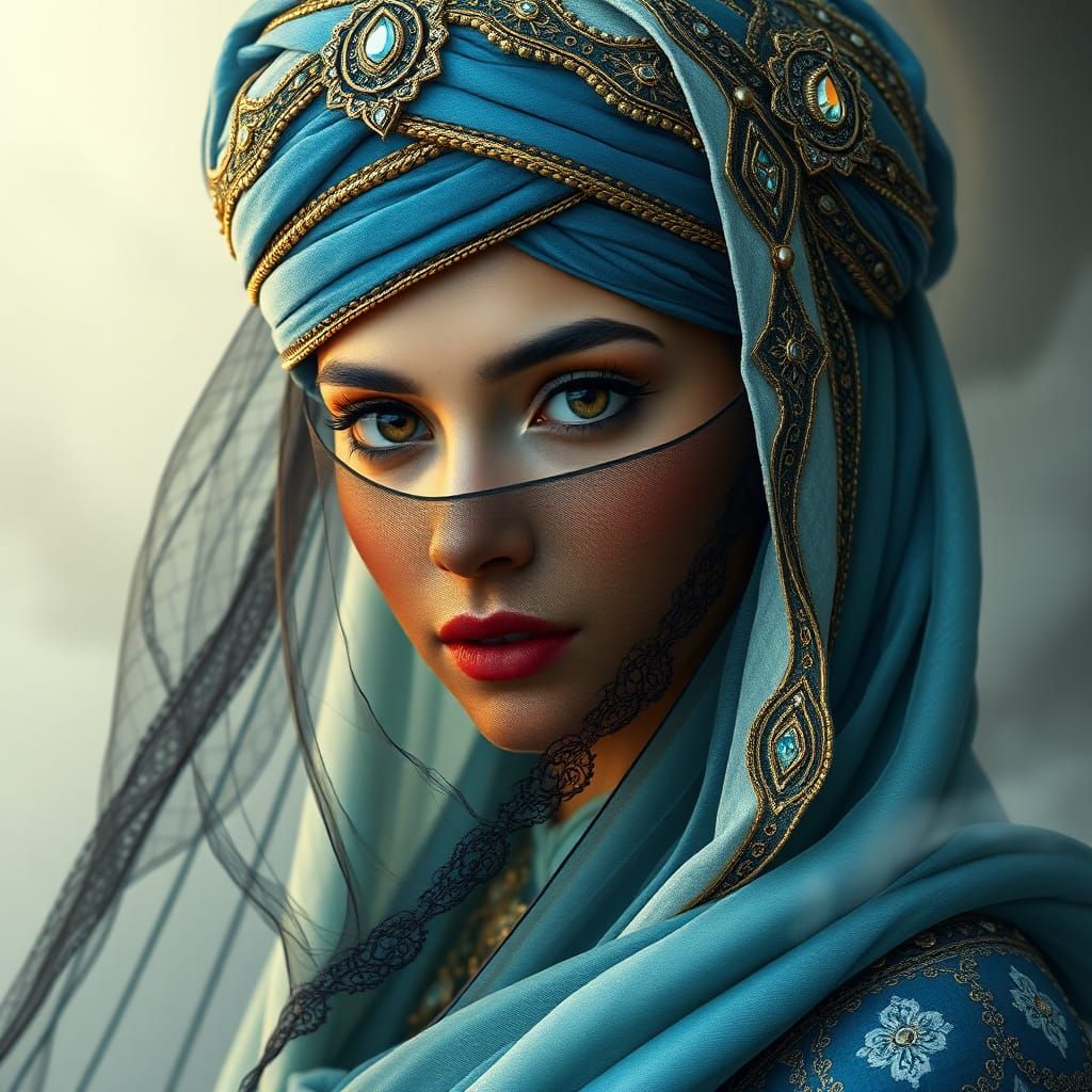 Arabian Woman in Sikh Turban: Ethereal Fantasy Portrait